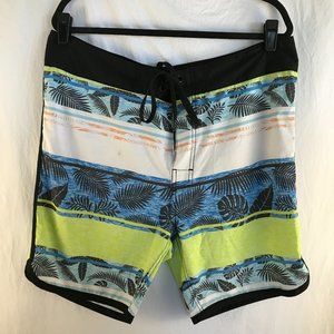 Hawaii Five O Board Shorts Men Size 38 Blue White Tropical Tie Waist Zip Pocket